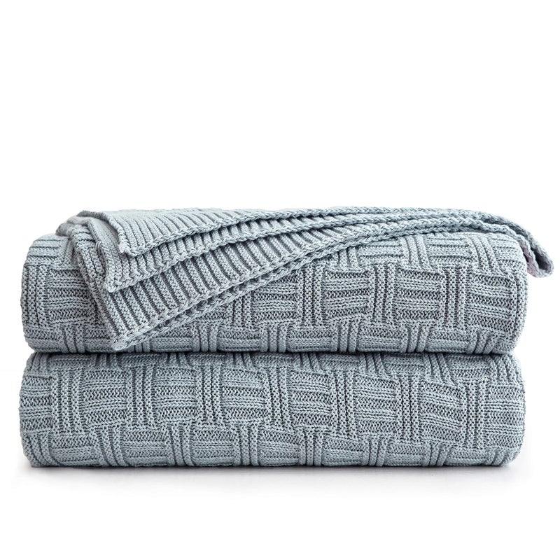 Longhui bedding Large Grey Blue Cotton Knit Throw Blanket for Couch Sofa Bed - Home Decorative Soft Cozy Sweater Woven Fall Cable Knitted Blankets - Blue Gray 3.4 pounds 60 x 80 Inch - Image 1